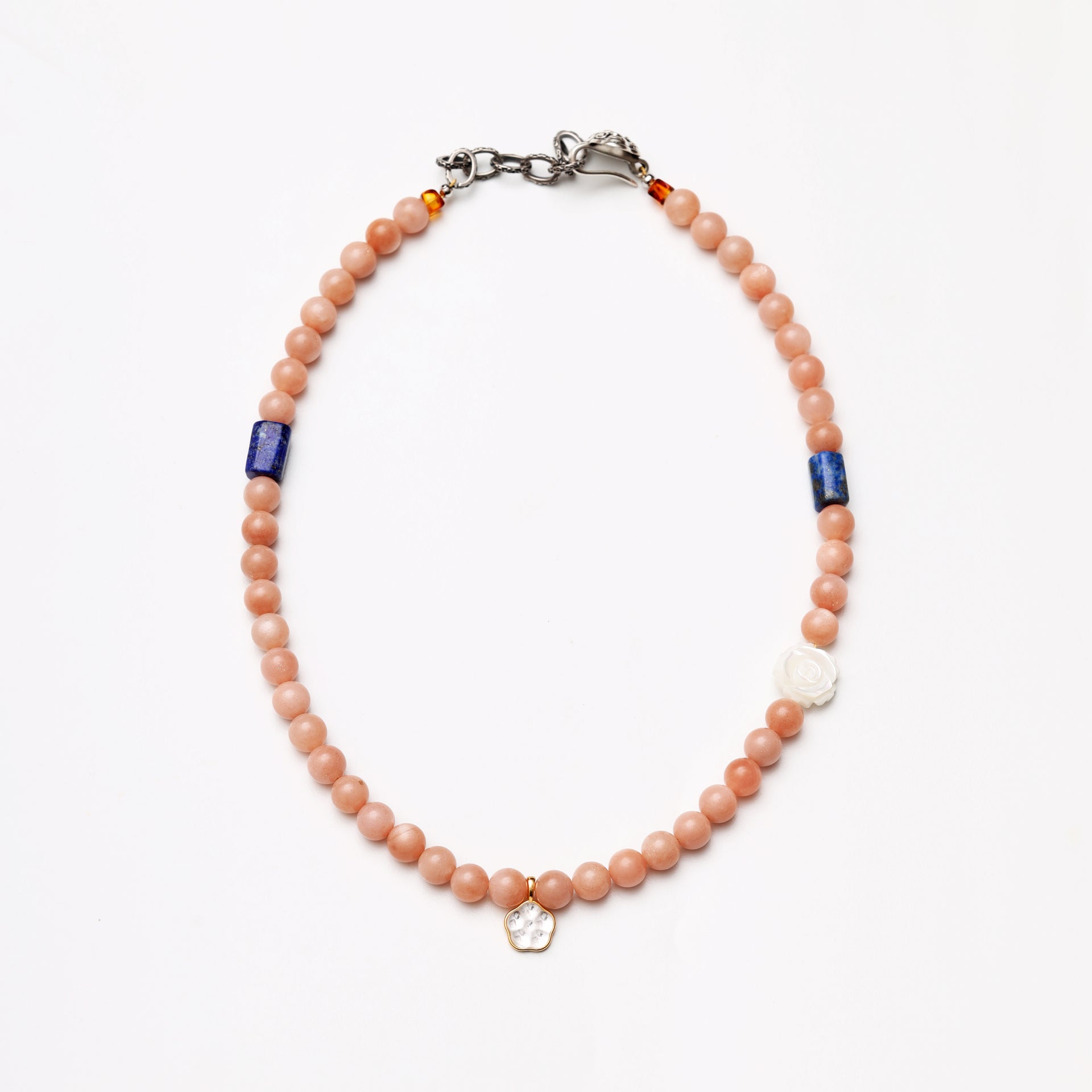 Pink Sunstone & Lapis Lazuli Beaded Necklace with Shell Flower Charm