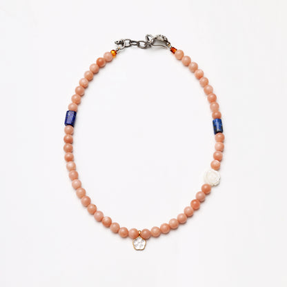 Pink Sunstone & Lapis Lazuli Beaded Necklace with Shell Flower Charm
