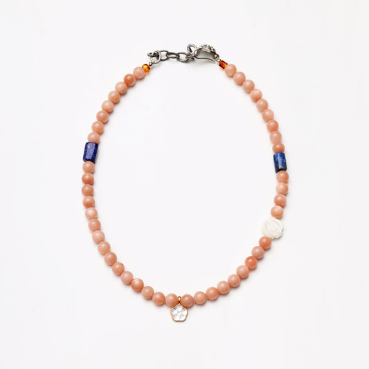 Pink Sunstone & Lapis Lazuli Beaded Necklace with Shell Flower Charm