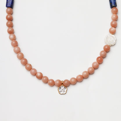 Pink Sunstone & Lapis Lazuli Beaded Necklace with Shell Flower Charm