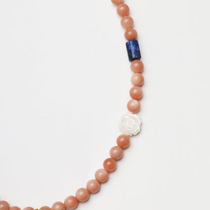 Pink Sunstone & Lapis Lazuli Beaded Necklace with Shell Flower Charm