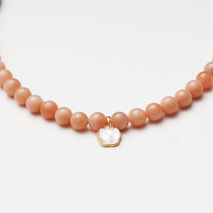 Pink Sunstone & Lapis Lazuli Beaded Necklace with Shell Flower Charm