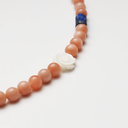 Pink Sunstone & Lapis Lazuli Beaded Necklace with Shell Flower Charm