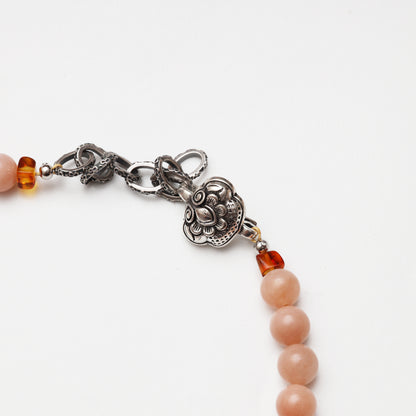 Pink Sunstone & Lapis Lazuli Beaded Necklace with Shell Flower Charm