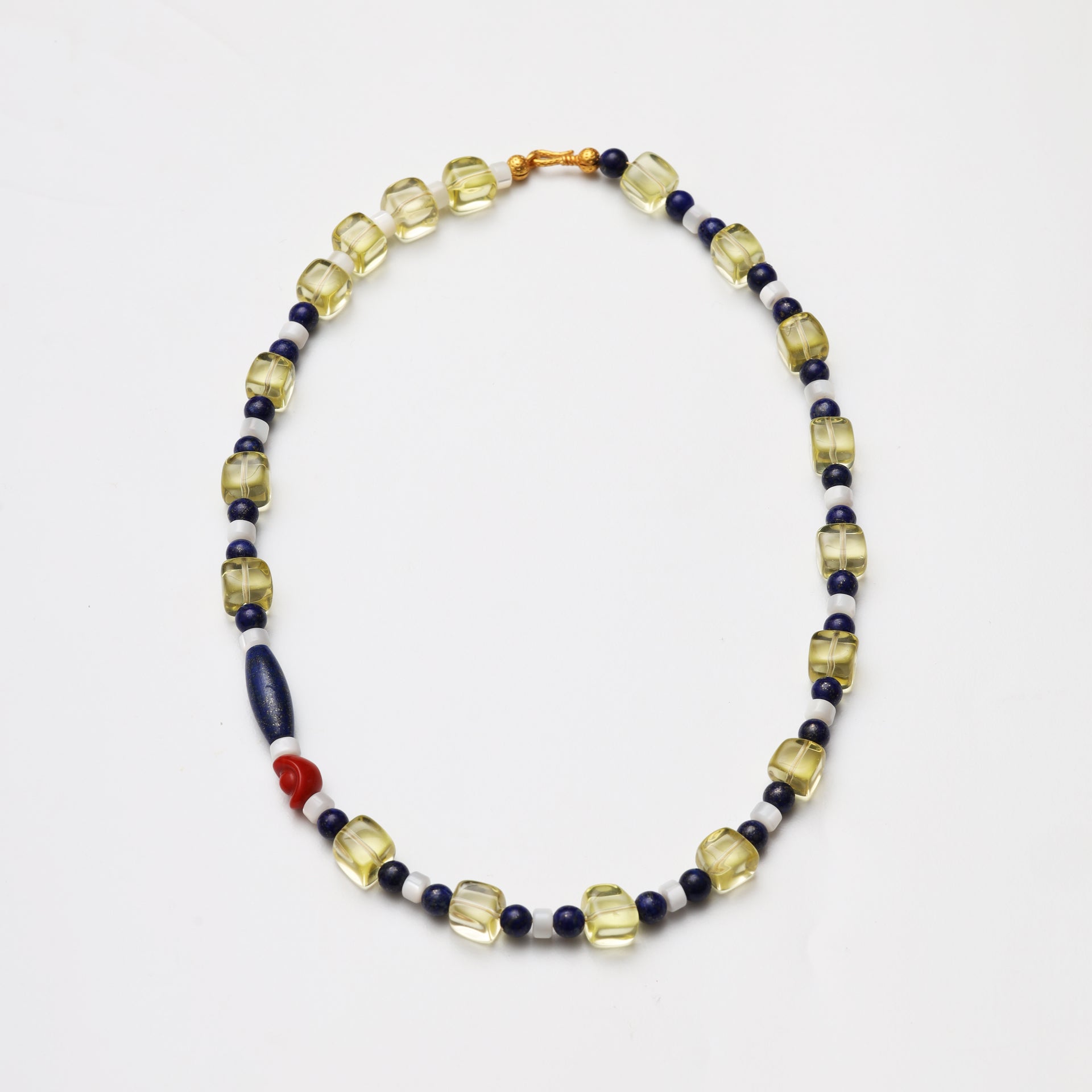 Lemon Quartz & Lapis Lazuli Beaded Necklace with Red Coral Accent