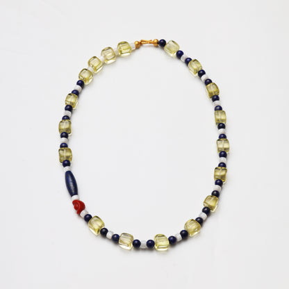 Lemon Quartz & Lapis Lazuli Beaded Necklace with Red Coral Accent