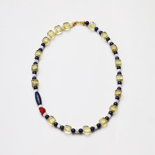 Lemon Quartz & Lapis Lazuli Beaded Necklace with Red Coral Accent