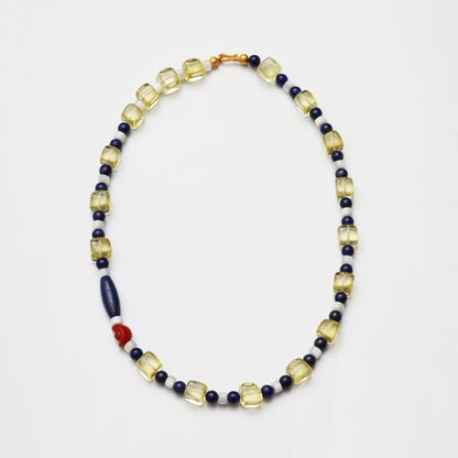 Lemon Quartz & Lapis Lazuli Beaded Necklace with Red Coral Accent