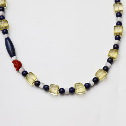 Lemon Quartz & Lapis Lazuli Beaded Necklace with Red Coral Accent