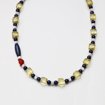 Lemon Quartz & Lapis Lazuli Beaded Necklace with Red Coral Accent