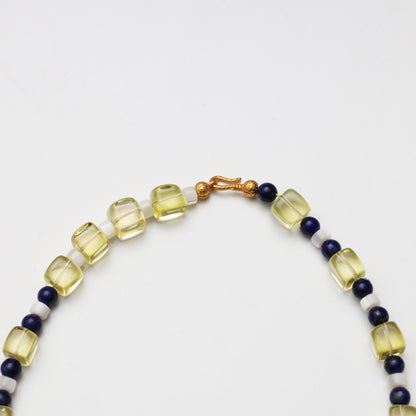 Lemon Quartz & Lapis Lazuli Beaded Necklace with Red Coral Accent
