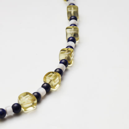 Lemon Quartz & Lapis Lazuli Beaded Necklace with Red Coral Accent