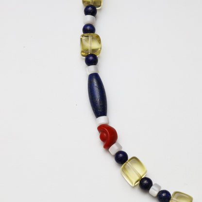 Lemon Quartz & Lapis Lazuli Beaded Necklace with Red Coral Accent
