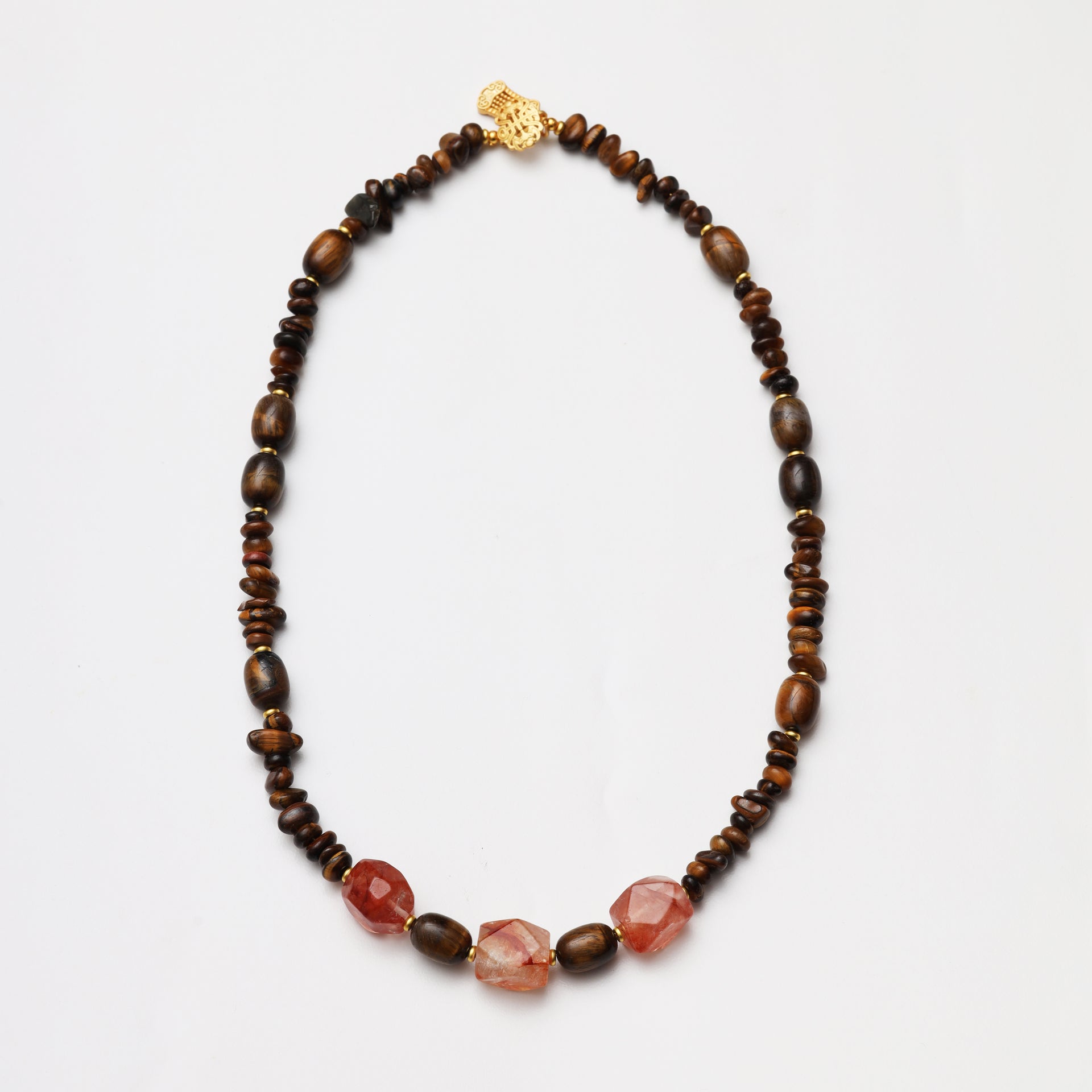 Tiger's Eye Barrel & Freeform with Red Flower Agate Freeform Necklace