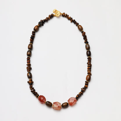 Tiger's Eye Barrel & Freeform with Red Flower Agate Freeform Necklace