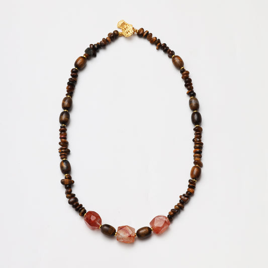 Tiger's Eye Barrel & Freeform with Red Flower Agate Freeform Necklace