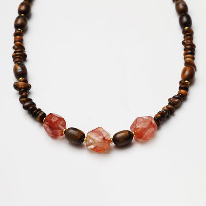 Tiger's Eye Barrel & Freeform with Red Flower Agate Freeform Necklace