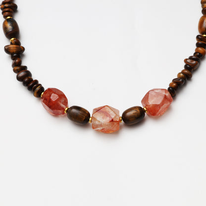 Tiger's Eye Barrel & Freeform with Red Flower Agate Freeform Necklace
