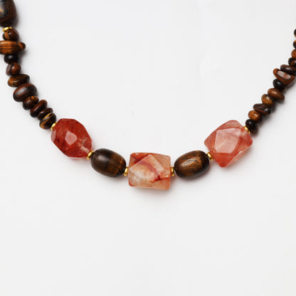 Tiger's Eye Barrel & Freeform with Red Flower Agate Freeform Necklace