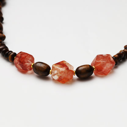 Tiger's Eye Barrel & Freeform with Red Flower Agate Freeform Necklace