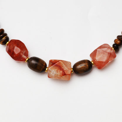 Tiger's Eye Barrel & Freeform with Red Flower Agate Freeform Necklace