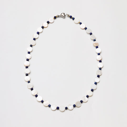 Round Mother-of-Pearl and Lapis Lazuli Round Bead Necklace