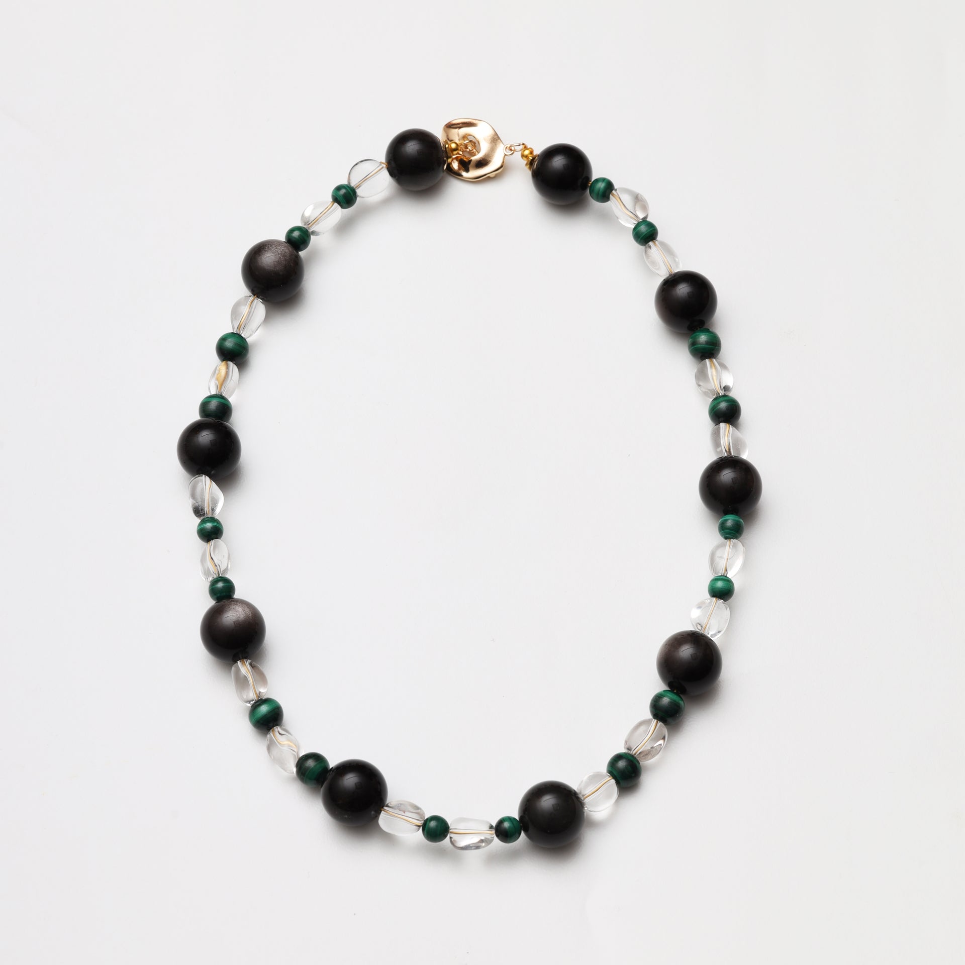 Clear Quartz Freeform, Silver Obsidian Round Bead & Malachite Round Bead Necklace
