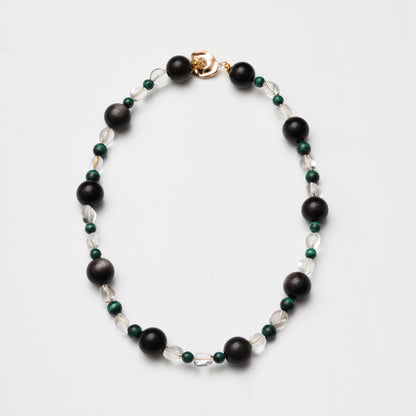 Clear Quartz Freeform, Silver Obsidian Round Bead & Malachite Round Bead Necklace
