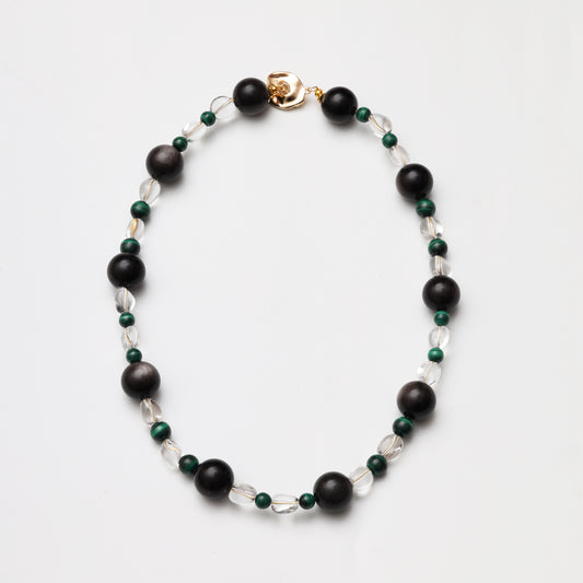 Clear Quartz Freeform, Silver Obsidian Round Bead & Malachite Round Bead Necklace