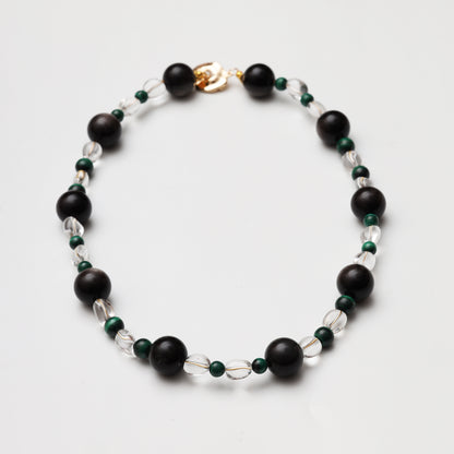 Clear Quartz Freeform, Silver Obsidian Round Bead & Malachite Round Bead Necklace