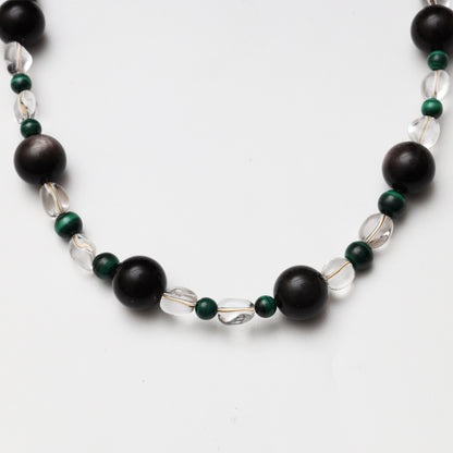 Clear Quartz Freeform, Silver Obsidian Round Bead & Malachite Round Bead Necklace