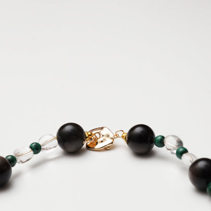 Clear Quartz Freeform, Silver Obsidian Round Bead & Malachite Round Bead Necklace