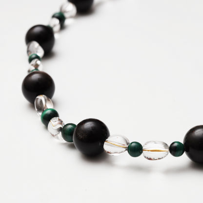 Clear Quartz Freeform, Silver Obsidian Round Bead & Malachite Round Bead Necklace