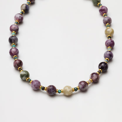 Multicolored Tourmaline Round Bead with Turquoise Spacer Bead Necklace