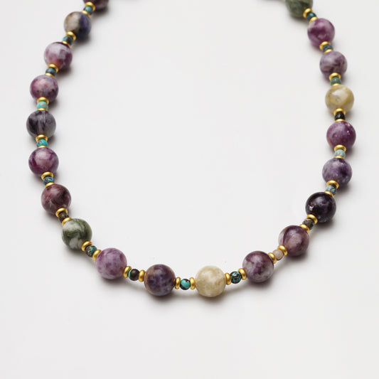 Multicolored Tourmaline Round Bead with Turquoise Spacer Bead Necklace