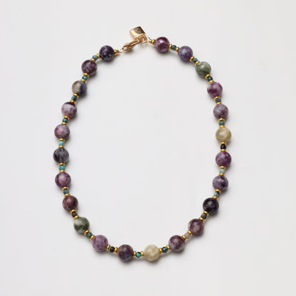 Multicolored Tourmaline Round Bead with Turquoise Spacer Bead Necklace