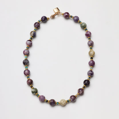 Multicolored Tourmaline Round Bead with Turquoise Spacer Bead Necklace