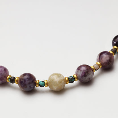 Multicolored Tourmaline Round Bead with Turquoise Spacer Bead Necklace