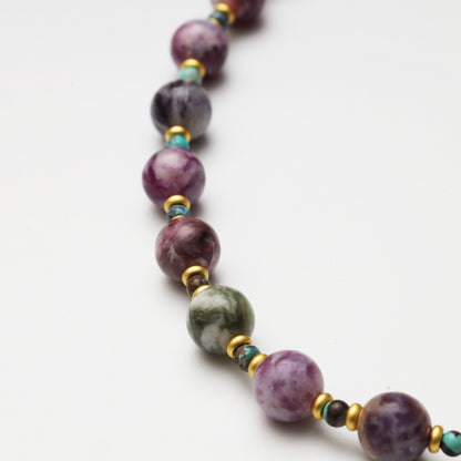 Multicolored Tourmaline Round Bead with Turquoise Spacer Bead Necklace
