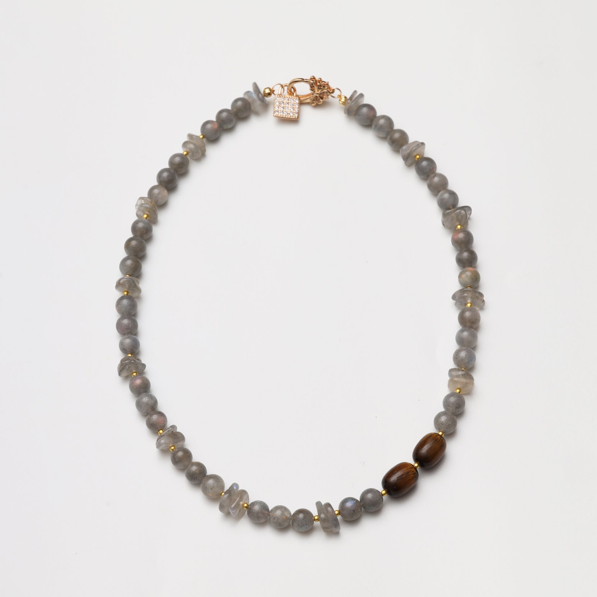 Grey Moonstone Round Bead & Tiger's Eye Barrel Bead Necklace