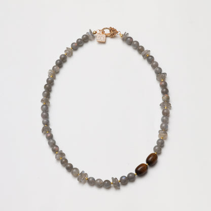 Grey Moonstone Round Bead & Tiger's Eye Barrel Bead Necklace