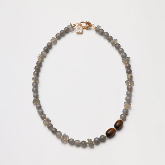 Grey Moonstone Round Bead & Tiger's Eye Barrel Bead Necklace