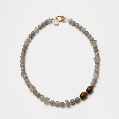 Grey Moonstone Round Bead & Tiger's Eye Barrel Bead Necklace