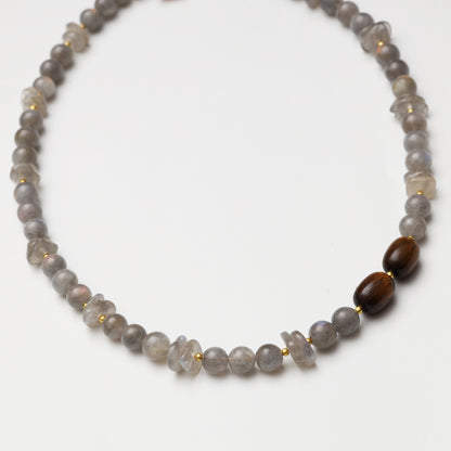 Grey Moonstone Round Bead & Tiger's Eye Barrel Bead Necklace