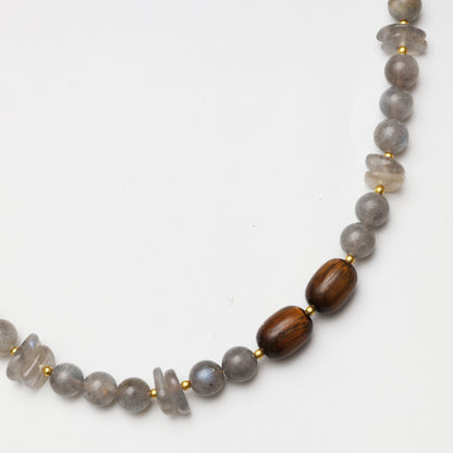 Grey Moonstone Round Bead & Tiger's Eye Barrel Bead Necklace