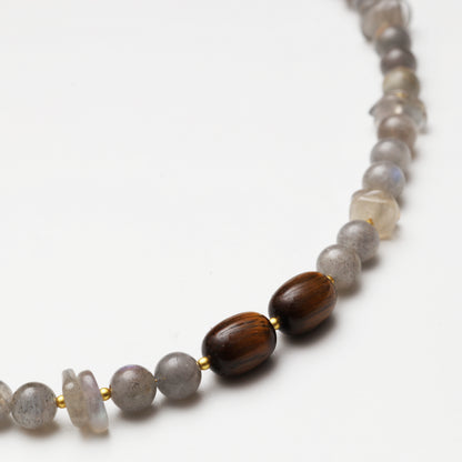 Grey Moonstone Round Bead & Tiger's Eye Barrel Bead Necklace