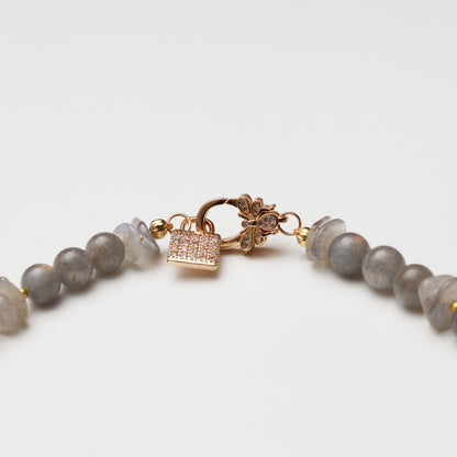 Grey Moonstone Round Bead & Tiger's Eye Barrel Bead Necklace