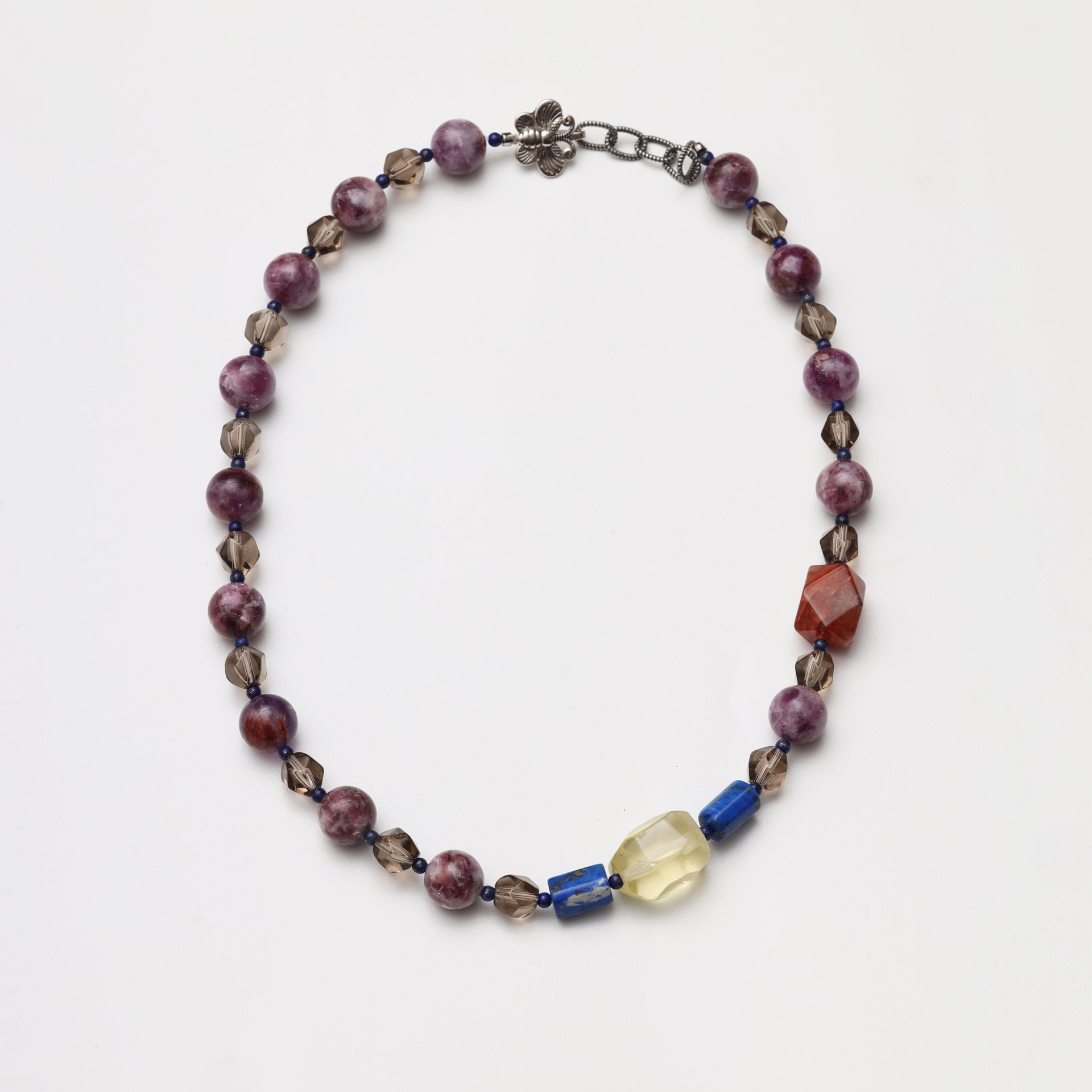 Purple Tourmaline Round Bead, Smoky Quartz Diamond, Citrine & Red Flower Agate Freeform with Lapis Lazuli Accent Bead Necklace