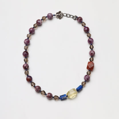 Purple Tourmaline Round Bead, Smoky Quartz Diamond, Citrine & Red Flower Agate Freeform with Lapis Lazuli Accent Bead Necklace
