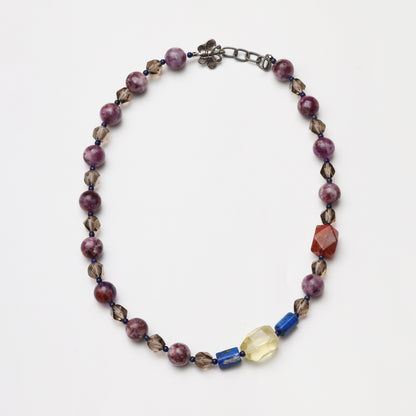 Purple Tourmaline Round Bead, Smoky Quartz Diamond, Citrine & Red Flower Agate Freeform with Lapis Lazuli Accent Bead Necklace